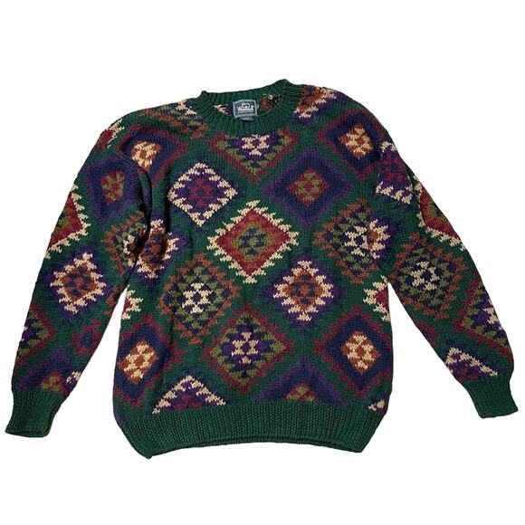 WOOLRICH Vintage90s Chunky Hand Knitted Southwestern Sweater Green Size L - Picture 2 of 5